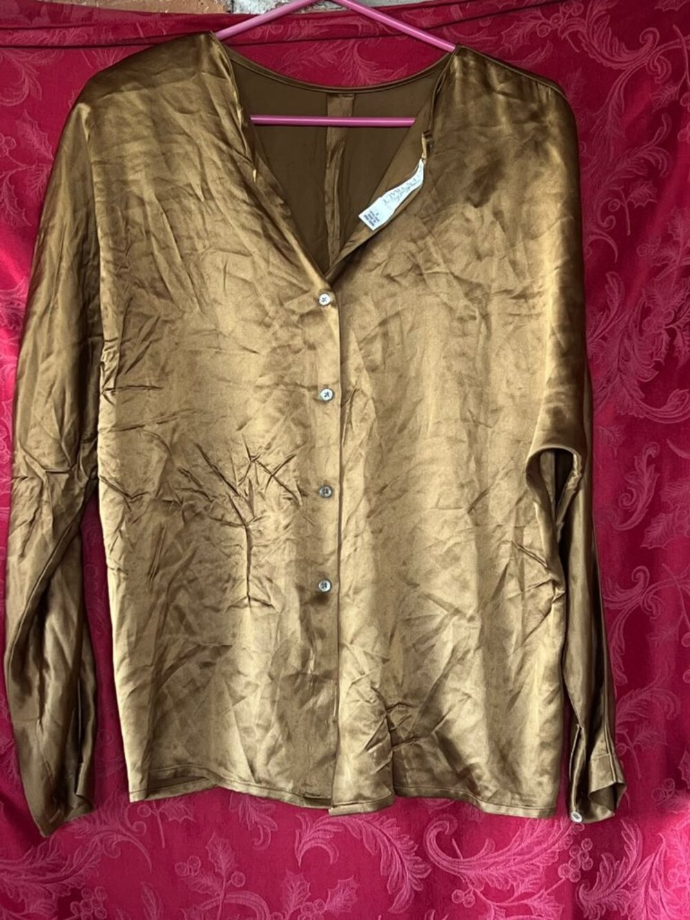 Linda Allard Ellen Tracy 100% Silk Gold Satin Button Down Blouse Size 8